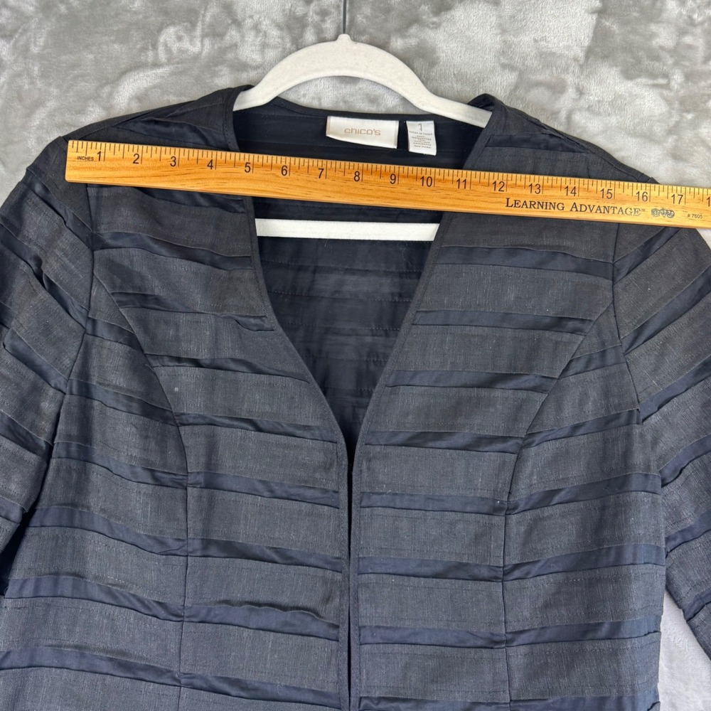 Chicos Open Front Jacket Women's L (sz 1) Black w/ Semi Sheer‎ Stripes (1391) - Picture 8 of 11